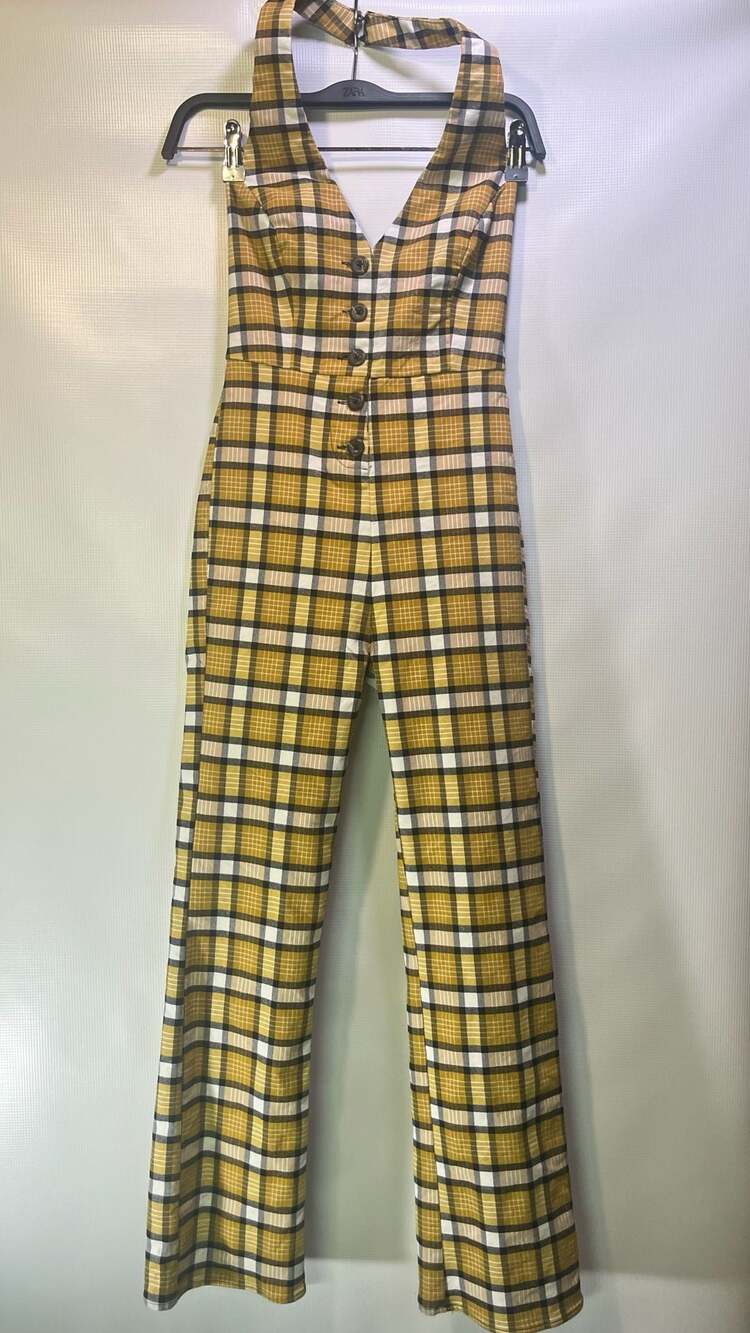 Urban Outfitters Yellow Plaid Halter Jumpsuit